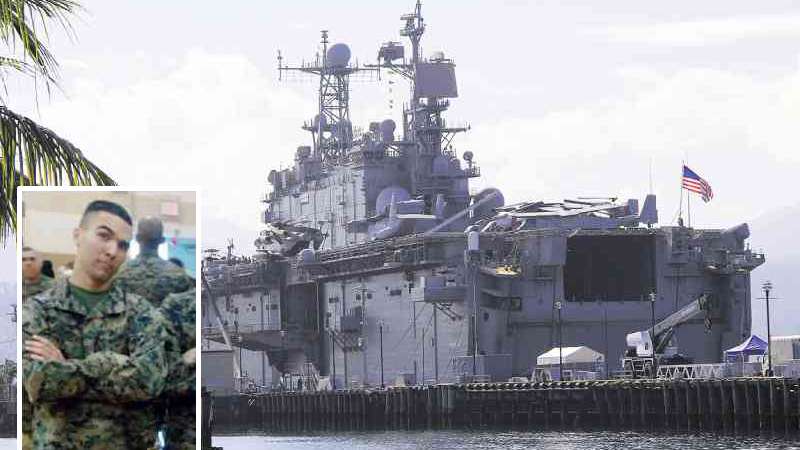 The USS Peleliu at Subic Bay where US Marine Joseph Scott Pemberton (inset) is reportedly held until the investigation of the US soldier’s involvement in the killing of a Filipino transgender in Olongapo City is done. AP/INSET PHOTO FROM PEMBERTO’S FACEBOOK ACCOUNT  