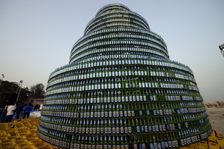 A Christmas tree made of beer bottles stands in Lagos on December 17, 2014. Nigeria's first indigenous beer brand, Star Lager, has completed the building of the world's largest bottle tree made with a total of 8,000 Star Lager bottles.  AFP