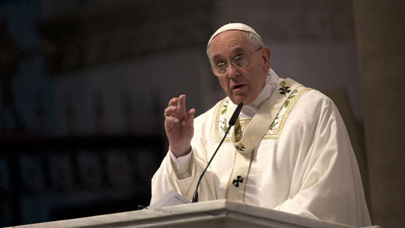 Pope Francis delivers his speech during a Mass in the Cathedral of the Immaculate Conception, in Manila, Philippines, Friday, Jan. 16, 2015. (AP Photo/Alessandra Tarantino)