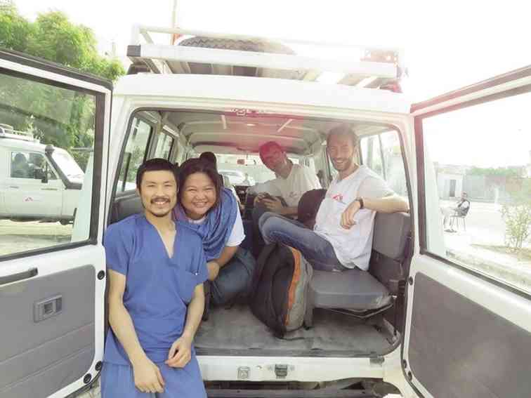 The author (2nd from left) with members of the Doctors Without Borders medical team in Yemen.    PHOTO BY MSF