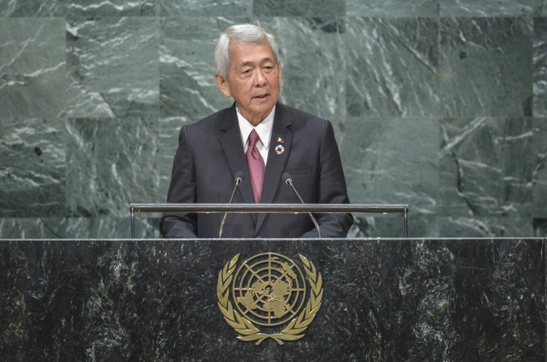 Perfecto Yasay, Secretary for Foreign Affairs of the Philippines, addresses the 71st session of the United Nations General Assembly at the UN headquarters in New York on September 24, 2016. / AFP PHOTO / KENA BETANCUR