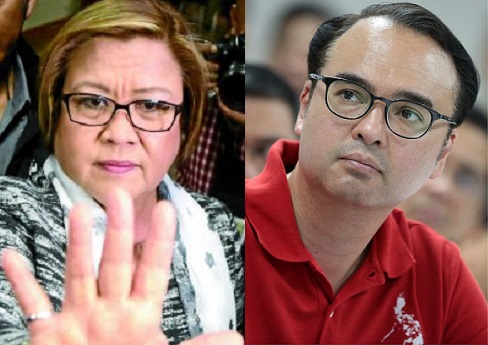 Detained Sen. Leila de Lima (left) on Monday, May 8, 2017, wished Sen. Alan Peter Cayetano luck in defending the human rights record of the Philippines before the UN in Geneva, Switzerland. INQUIRER FILES
