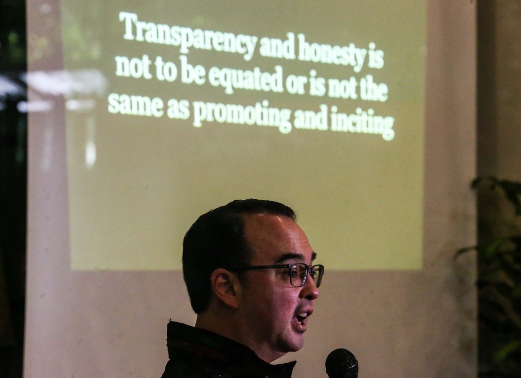 Sen. Alan Peter Cayetano defends the Duterte administration's war on drugs during a press briefing in Quezon City. INQUIRER PHOTO/LYN RILLON