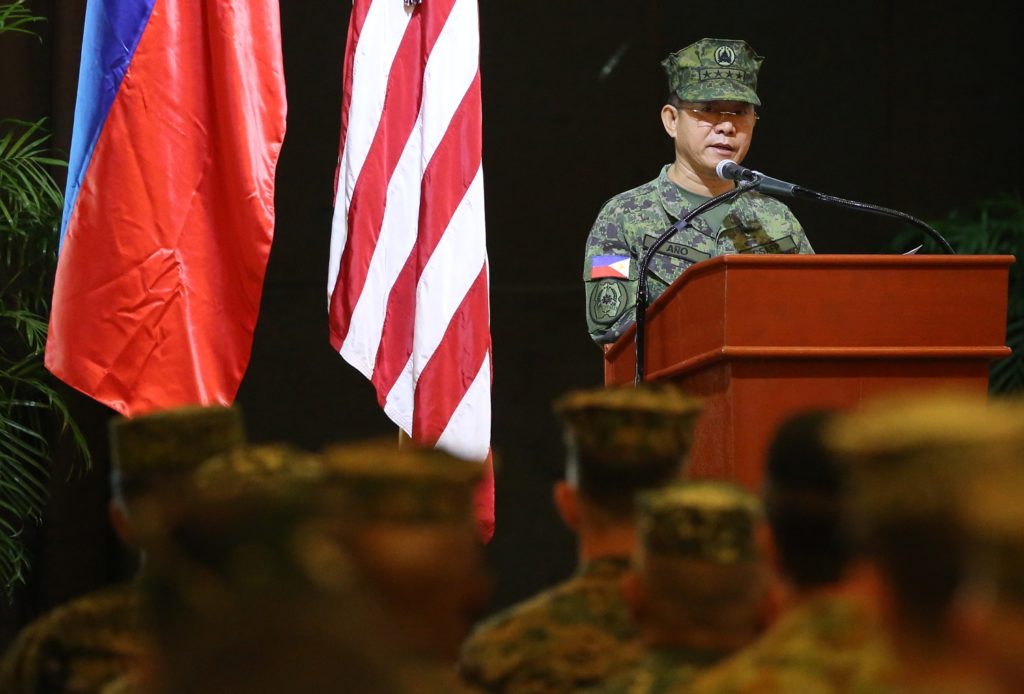 BALIKATAN CLOSING CEREMONY / MAY 19, 2017 Armed Forces of the Philippines Chief of Staff General Eduardo Ano speaks during at the closing ceremony of the 2017 Balikatan military exercise held in Camp Aguinaldo in Quezon City, May 19, 2017.  INQUIRER PHOTO / NIÑO JESUS ORBETA