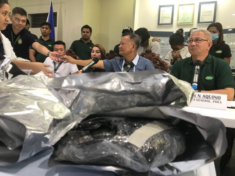 PDEA Director Aaron Aquino (right) presents to the media P34 million worth of crystal meth (shabu) believed to be shipped into the Philippines by the powerful Mexican Sinaloa drug cartel. JHOANNA BALLARAN/INQUIRER.net