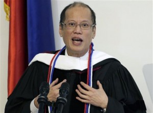 Philippines President Benigno Aquino III speaks after being presented with an honorary doctorate from Loyola Marymount University in Los Angeles, Wednesday, Feb. 17, 2016. AP