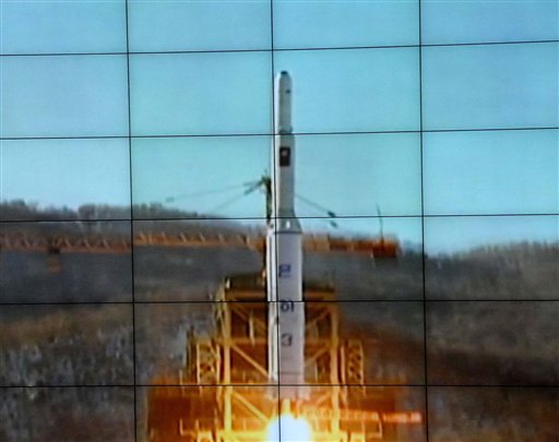 In this monitor screen image taken by the Korean Central News Agency and distributed in Tokyo by the Korea News Service, the Unha-3 rocket lifts off from a launch site on the west coast, in the village of Tongchang-ri, North Korea, Wednesday, Dec. 12, 2012. Officials from the Philippines and the US on Wednesday strongly condemned North Korea's decision to pursue its rocket launch.  AP PHOTO/KOREA CENTRAL NEWS AGENCY VIA KOREA NEWS SERVICE 