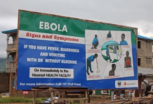 In this photo taken on Monday, Aug. 4, 2014,  a public information board explains the symptoms of the deadly Ebola virus in the city of  Freetown, Sierra Leone.  AP FILE PHOTO