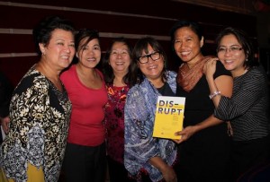 Authors of Disrupt, from left, Gloria T. Caoile, Cristeta Comerford, Maria Africa Beebee, Marily Mondejar, Shirley S. Raguindin and FWN Board Member Bambi Lorica.