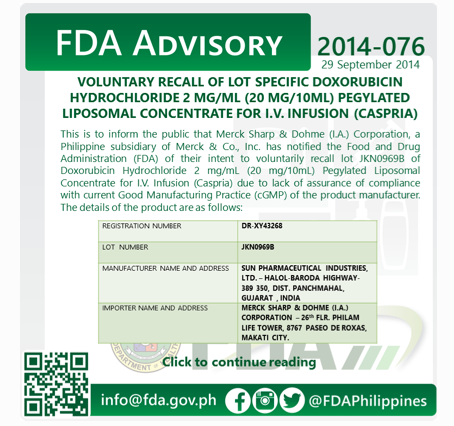 FDA advisory antitumor drug recalled