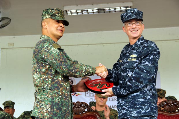 Marines chief Major General Romeo Tanalgo and Amphibious Landing Force of 7th Fleet Commander Rear Admiral Hugh Wetharld at the closing ceremonies of Phiblex 2015 at the Marine Headquarters in Taguig. PHILIPPINE NAVY