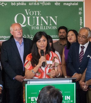 Aurora Austriaco, a recent appointment by Gov. Pat Quinn to the Illinois Courts Commission, speaks at the launch of Asian Americans for quinn, in Skokie, Illinois on September 7. CHRISTOPHER DILTS/QUINN FOR ILLINOIS PHOTO