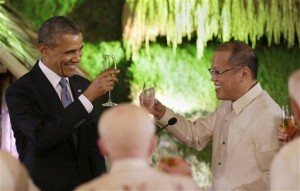 This April 28, 2014, file photo shows US President Barack Obama toasting with Philippine President Benigno Aquino III, right, during a state dinner at Malacanang Palace in Manila, following the signing of the Philippines Enhanced Defense Cooperation Agreement. The Obama administration is still chipping away at its grand plan for a rebalance to Asia that began within months of Obama taking office in 2009, when the US signed a cooperation treaty with the 10-nation Association of Southeast Asian Nations.  AP PHOTO/FRANCIS R. MALASIG 