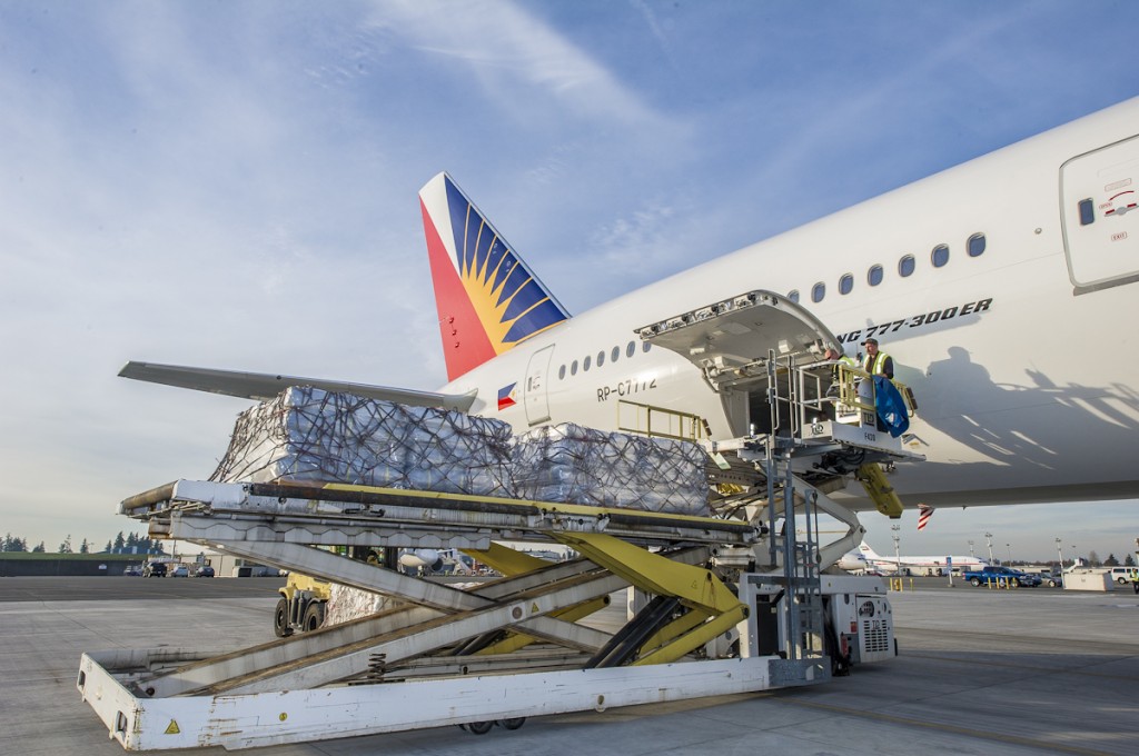 Typhoon relief supplies being loaded to a Philippines Airlines Boeing 777-300ER. CONTRIBUTED PHOTO