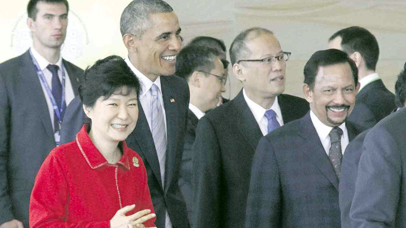 FROM BEIJING TO NAYPYITAW  President Aquino joins US President Barack Obama, Brunei Darussalam Prime Minister Sultan Haji Hassanal Bolkiah and South Korean President Park Geun-hye at the 9th East Asia Summit in Naypyitaw, Burma, on the sidelines of the 25th Association of Southeast Asian Nations Summit. The four leaders earlier met in Beijing for the Asia-Pacific Economic Cooperation summit.  AP 
