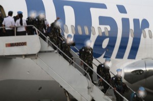Filipino peacekeepers from Liberia arrive at Villamor Airbase on Wednesday, November 12, via UT Air at 5p.m. There are 133 peacekeepers coming home -- 108 from the Armed Forces of the Philippines, 24 from the Philippine National Police and 1 from the Bureau if Jail Management and Penology. PHOTO FROM PHILIPPINE AIR FORCE