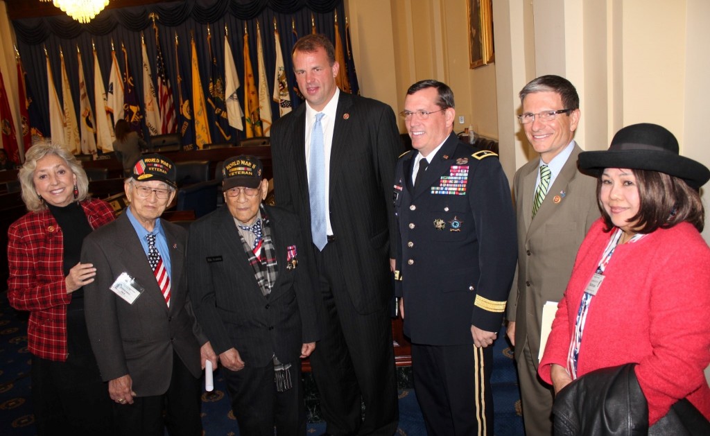 After the hearing Filipino World War II Veterans Potenciano Dy and Celestino Almeda (third from left) pose for a photo with, from left, U.S. Rep. Dina Titus, U.S. Rep Jon Runyon, Brig. Gen. David MacEwan, U.S. Rep. Joe Heck and FilAm community supporter Georgette Beltran of Gaithersburg, Maryland.