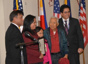 Rosie Tejada with ConGen Henry Bensurto, Consul Ascalon,  daughter and father David Tejada a Bataan March survivor