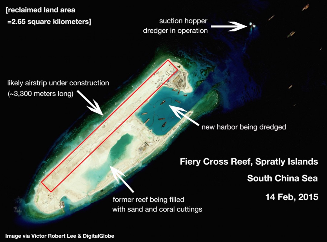Satellite image analysis South China Sea reclamation in Spratly Islands