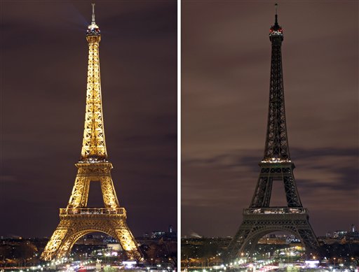 In this two photo combination picture, the Eiffel Tower with its usual lighting at left, and after the lighting was switched off at right, at the occasion of the Earth Hour, in Paris, France, Saturday March 28, 2015.  This Saturday, 28 March 8:30 p.m. local time, individuals, businesses, cities and landmarks around the world are switching off their lights for one hour to focus attention on climate change. AP