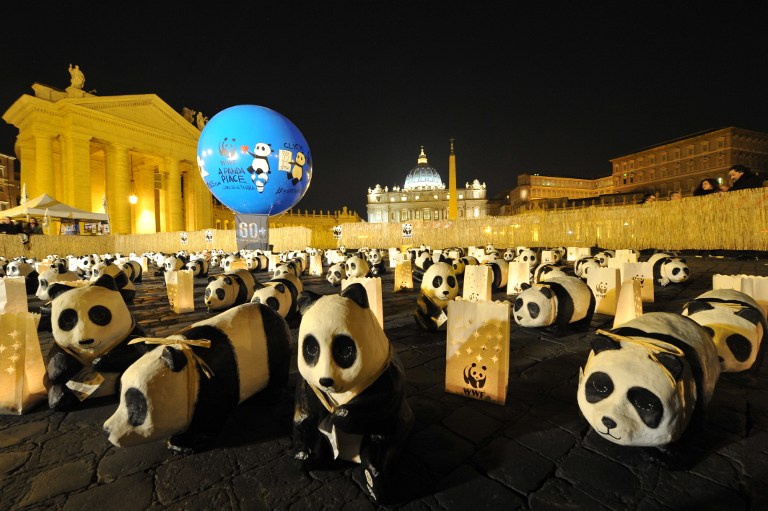 Activists of World Wide Fund (WWF) have set up pandas near St Peter's square as part of the Earth Hour campaign on March 29, 2014 at the Vatican. Lights went off in thousands of cities and towns across the world on today for the annual Earth Hour campaign, which is aiming to raise money via the Internet for local environmental projects.  AFP