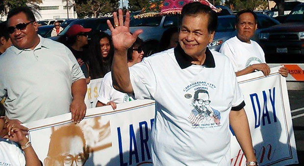 Carson Mayor Pro Tem Elito Santarina leads a march honoring Filipino-American civil rights hero Larry itliong. 