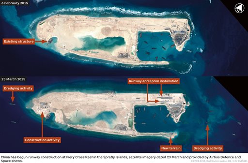 This combination photo of satellite images taken on Feb. 6, 2015, top, and March 23, 2015, bottom, by Airbus Defence and Space, and distributed by IHS Jane's Defence Weekly, shows what IHS Jane's describes as an airstrip on Fiery Cross Reef in a disputed section of the South China Sea. The US has warned that China's development on the artificially created island could raise tensions in the area. (CNES, Airbus Defence and Space/IHS Jane's Defence Weekly via AP)