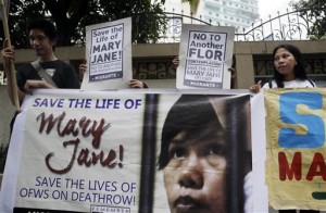 Supporters display placards outside the Indonesian Embassy at the financial district of Makati city, east of Manila, Philippines during a picket Wednesday, April 8, 2015 to ask for clemency for convicted drug trafficker Mary Jane Fiesta Veloso. Malaysia, Saudi Arabia and China top the list of countries where there are Filipinos on death row with 34, 28 and 21 Philippine nationals, respectively, according to Malacañang. AP