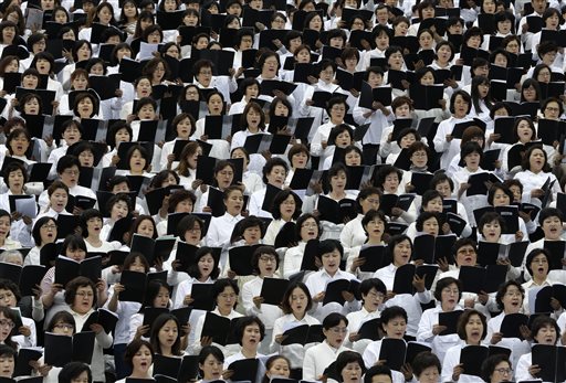 South Korean Christians participate in an annual Easter service rally at Yeonsei University in Seoul, South Korea, Sunday, April 5, 2015. About 10,000 participants prayed for peace and the nuclear-free Korean peninsula. AP