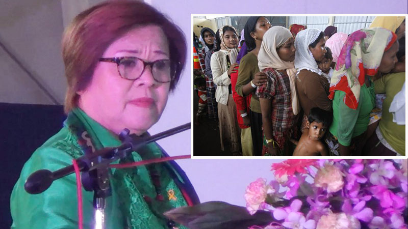 The Philippines is ready to shelter “boat people” from impoverished Bangladesh and Myanmar should the migrants’ boats land on Philippine shores, Justice Secretary Leila de Lima said on Monday. Inset photo shows Ethnic Rohingya women queuing up to receive Muslim headscarfs donated by local residents at a temporary shelter in Langsa, Aceh province, Indonesia, on Monday, May 18, 2015.  AP PHOTO/BINSAR BAKKARA