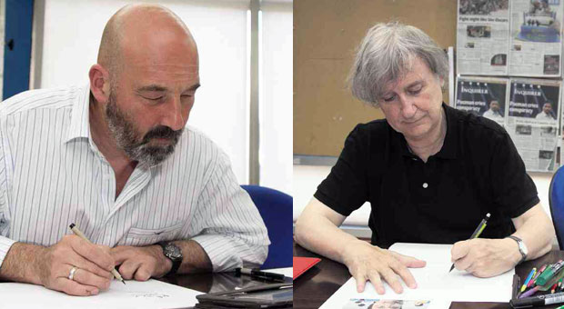 CARTOONISTS FOR PEACE  Bob Katzenelson (left) and Plantu draw editorial cartoons at the Inquirer office.  ALEXIS CORPUZ