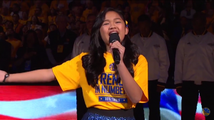 Nayah sings national anthem at 2015 Warriors Playoff