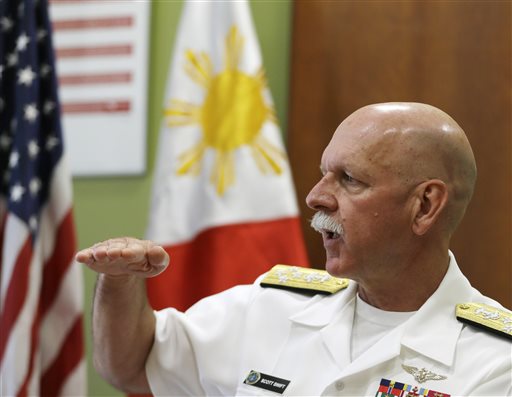 U.S. Pacific Fleet Commander Adm. Scott Swift gestures during an interview with journalists Friday in Manila. AP Photo