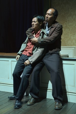 Fortunado "Nado" Giron (Jomar Tagatac, right) comforts Vicente Pacram (Ogie Zulueta, left) in Remember the I-Hotel, a one-act play by Philip Kan Gotanda adapted from Monstress, Lysley Tenorio's collection of short stories. Monstress is performing at A.C.T.'s Strand Theater through November 22, 2015. Photo by Kevin Berne.