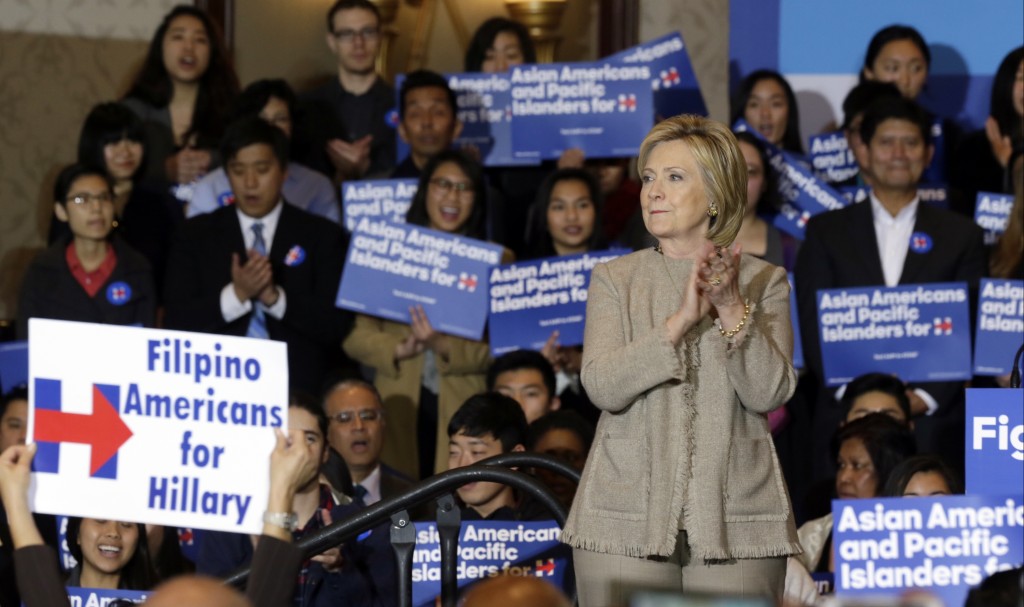 Democratic presidential candidate Hillary Clinton is welcomed by Asian American and Pacific Islander supporters in San Gabriel, Calif., on Thursday, Jan. 7. AP