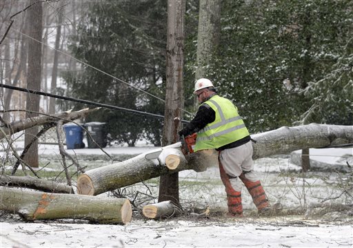 A Duke Energy worker uses a chainsaw to cut a fallen tree from power lines in Matthews, N.C., Friday, Jan. 22, 2016. A massive blizzard began dumping snow on the southern and eastern United States on Friday, with mass flight cancellations, five states declaring states of emergency and more than 2 feet (60 centimeters) predicted for Washington alone. (AP Photo/Chuck Burton)