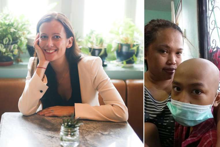 Lawyer Isabelle Claisse (left) will be shaving her head on Jan 13 to raise funds for her maid Mariza Canete whose son Dave Caba (both right) has been diagnosed with a potentially fatal cancer.PHOTOS: ONG WEE JIN, COURTESY OF MARIZA CANETE