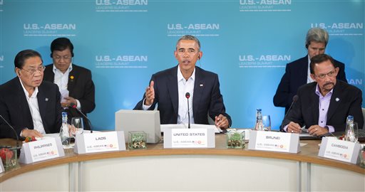 President Barack Obama, center, speaks at the plenary session meeting of ASEAN, the 10-nation Association of Southeast Asian Nations, at the Annenberg Retreat at Sunnylands in Rancho Mirage, Calif., for Monday, Feb. 15, 2016. Sitting with Obama are Laos' president, Choummaly Sayasone, left, and Brunei's sultan, Hassanal Bolkiah, right. (AP Photo/Pablo Martinez Monsivais)