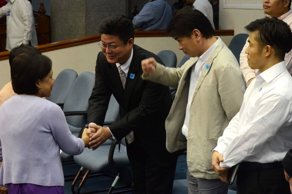 Japanese lawmaker Yasufumi Moriyama on Monday made a courtesy call at the Senate. He is shown here shaking  the hands of Senator Cynthia Villar.
