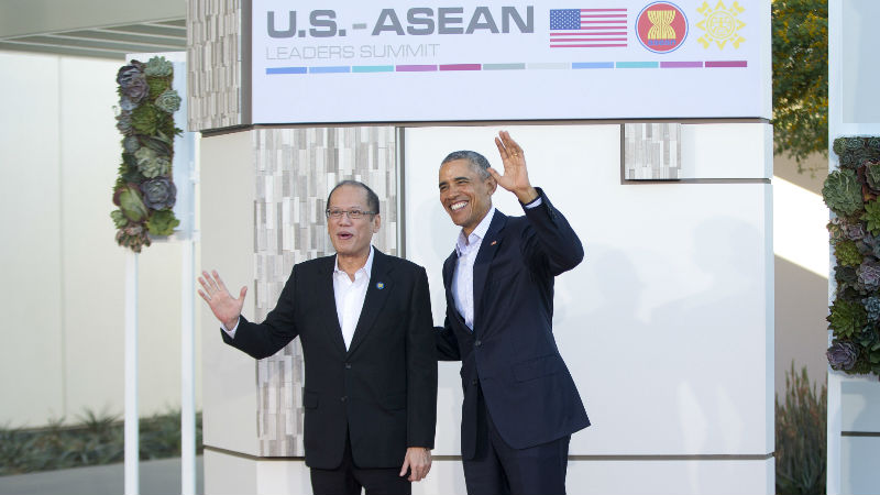President Barack Obama, right, stands with Philippine President Benigno Aquino III, left, at a meeting of ASEAN, the 10-nation Association of Southeast Asian Nations, at the Annenberg Retreat at Sunnylands in Rancho Mirage, Calif., Monday, Feb. 15, 2016. Obama and the leaders of the Southeast Asian nations are gathering for two days of talks on economic and security issues and on forging deeper ties amid China's assertive presence in the region. (AP Photo/Pablo Martinez Monsivais)