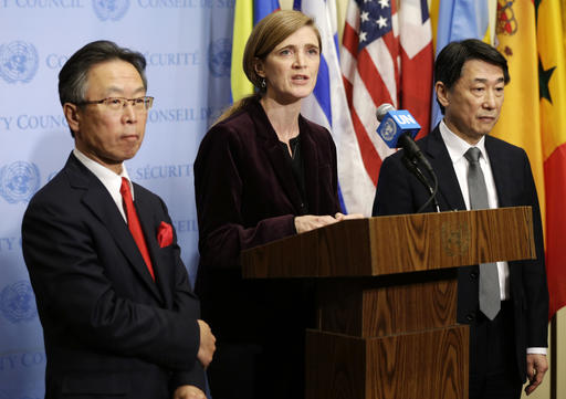 South Korean ambassador to the United Nations Oh Joon, right, United States ambassador to the U.N. Samantha Power, center, and Japanese ambassador to the U.N. Motohide Yoshikawa speak to reporters after a Security Council meeting at United Nations headquarters, Wednesday, March 2, 2016. The U.N. Security Council voted Wednesday on a resolution that would impose the toughest sanctions on North Korea in two decades. AP