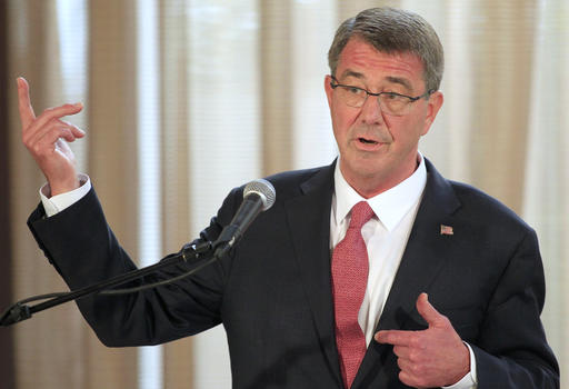 U.S. Defense Secretary Ash Carter gestures during a joint press conference at the Malacanang presidential palace in Manila, Philippines on Thursday, April 14, 2016. The United States on Thursday revealed for the first time that American ships have started conducting joint patrols with the Philippines in the South China Sea, a somewhat rare move not done with many other partners in the region. AP PHOTO