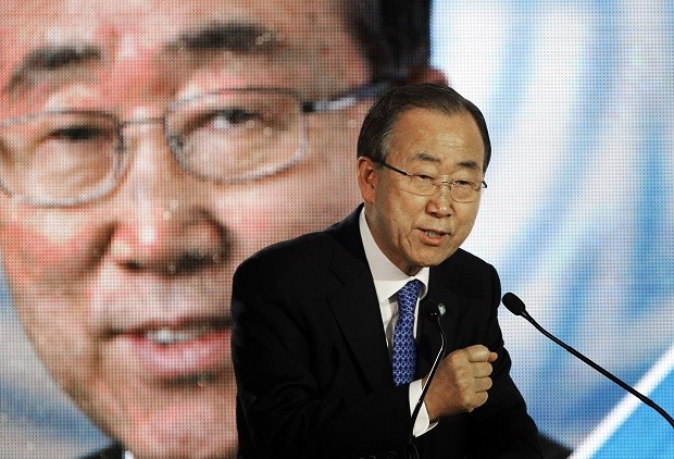 In this Dec. 10, 2015, file photo, UN Secretary General Ban Ki-moon, delivers a speech during a conference at the COP21, the United Nations Climate Change Conference in Le Bourget, north of Paris. AP FILE PHOTO