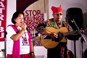 Josephine Engyo Pagalan and Kerlan Fanagel perform a song at San Francisco to Salupongan event as part of Lakbay Lumad USA. Photo by Wilfred Galila