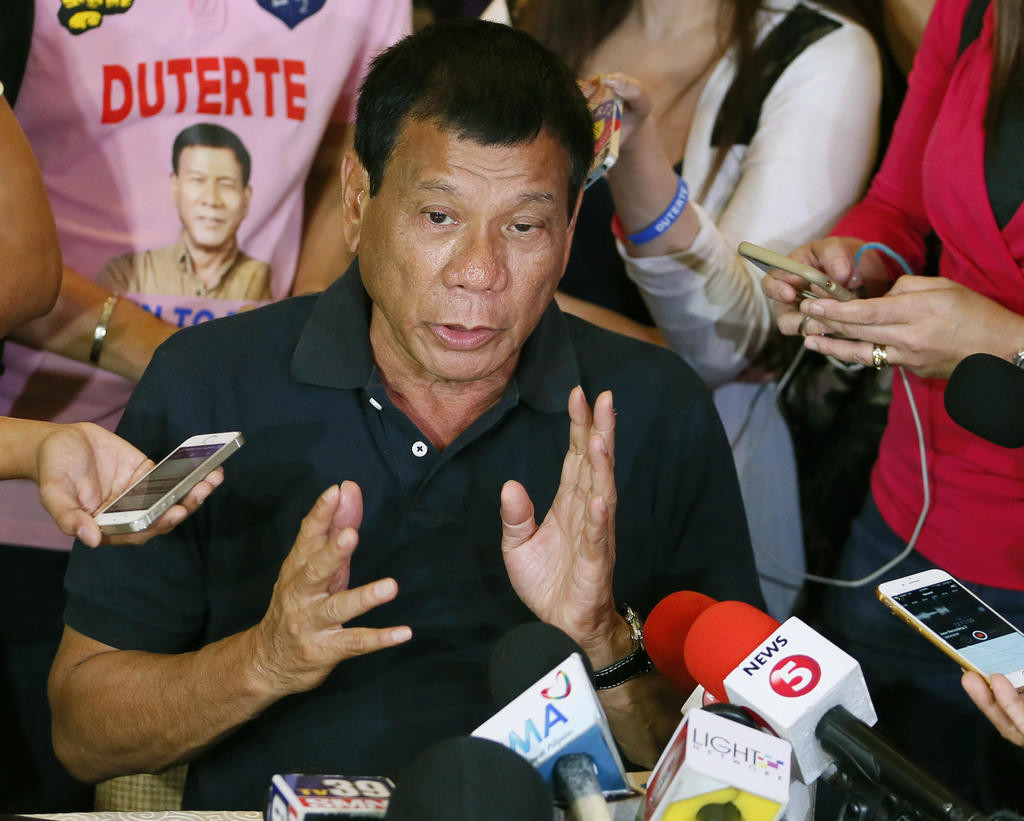 In this April 29, 2016, file photo, Presidential candidate Rodrigo Duterte answers questions from the media in Manila, Philippines. The upcoming Philippine presidential election could cause some heartburn in Washington. The winner of the vote on May 9 will be hand-maiden to the most crucial U.S. relationship in Southeast Asia, and front-runner Duterte has not inspired confidence with his casual threats to shoot criminals and by joking about the gang rape and killing of a foreign missionary. AP Photo