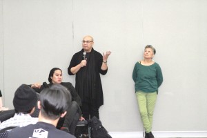 Jay Loyola, with Kristian Kabuay and Alleluia Panis, answering questions at the dialogue at USF on Saturday, March 14, 2016. Photo by Darius Muñoz