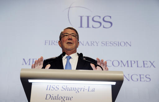 U.S. Defense Secretary Ash Carter delivers a speech titled "Meeting Asia's Complex Security Challenges" at the 15th International Institute for Strategic Studies Shangri-la Dialogue, or IISS, Asia Security Summit on Saturday, June 4, 2016, in Singapore. AP PHOTO