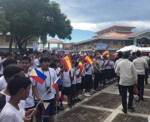 Students of the Suklayin Elementary School welcome guests at the celebration of the 14th Philippine-Spanish Friendship Day in Baler, Aurora Tuesday morning (Photo by Tarra Quismundo, INQUIRER)