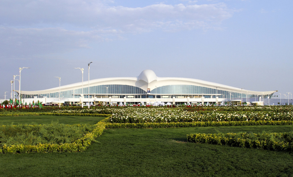 A view of the new international airport terminal outside Ashgabat, Turkmenistan, Saturday, Sept. 17, 2016. The capital of Turkmenistan, a country largely closed to outsiders, has opened a $2.3-billion terminal at its international airport in the shape of a flying falcon. The terminal, whose roof in profile resembles a bird with spread wings, adds to Ashgabat's vast array of gleaming, idiosyncratic buildings. (AP Photo)
