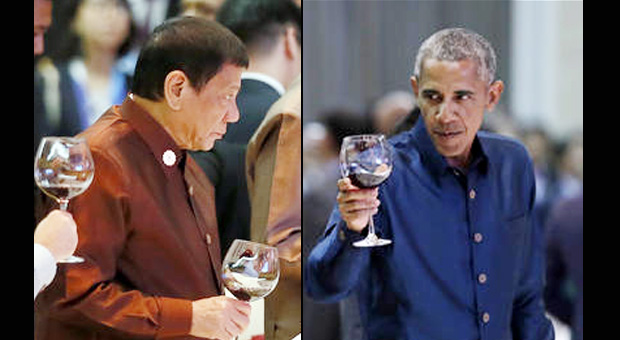 Philippine President Rodrigo Duterte and US President Barack Obama, right, during the gala dinner of ASEAN leaders and its Dialogue Partners in the ongoing 28th and 29th ASEAN Summits and other related summits at the National Convention Center Wednesday, Sept. 7, 2016 in Vientiane, Laos. AP
